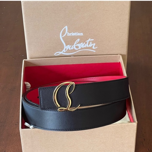 CHRISTIAN LOUBOUTIN CL Logo belt Loubi54 Black Red Bottom W Gold Buckle - Picture 1 of 6